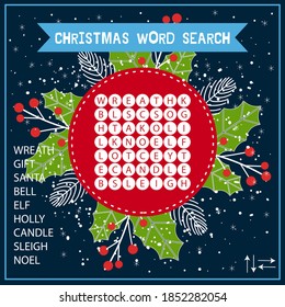 Christmas word search game for kids. Educational worksheet for children about Christmas. Learning English for child. Vector illustration. Eps10