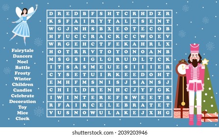 Christmas word search game for kids with nutcracker character and fairy with xmas eve on blue background