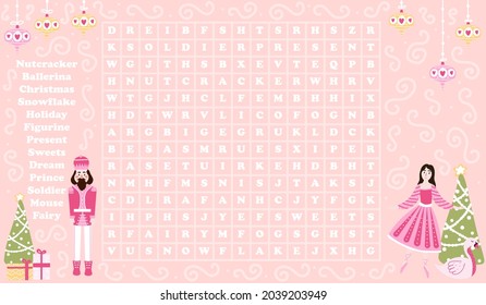 Christmas word search game for kids with nutcracker character and ballerina with xmas eve on pink background