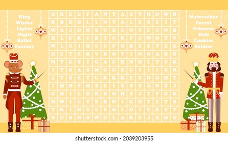 Christmas word search game for kids with nutcracker character and mouse king with xmas eve
