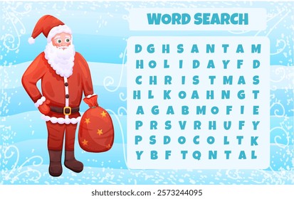 Christmas word search game with Santa Claus character