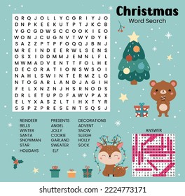 Christmas word search puzzle with answer. Game for learning English. Printable worksheet for children about winter holidays. Educational crossword game. Funny cartoon animals. Vector illustration.