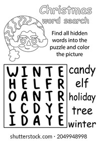 Christmas word search puzzle with cute little elf vector illustration. Funny word game in English and coloring page for children - printable activity page vector illustration