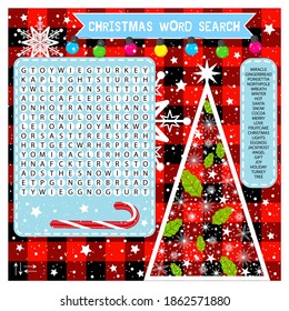 Christmas word search puzzle. Educational game for children. Printable worksheet for learning english about chrismas holidays. Vector Eps 10.