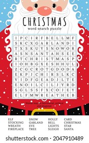 Christmas word search puzzle. Educational game for children. Winter holidays  theme learning vocabulary. Crossword with funny Santa Claus. Printable worksheet. Suitable for social media post. 