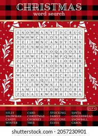  Christmas word search puzzle. Fun printable activity winter game. Cute holiday party game.  DIY template. Find 16 words.  Educational crossword for learning English.  