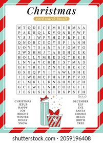 Christmas word search puzzle. Fun colorful printable activity winter game. Cute holiday party game.  DIY template. Find 16 words.  Educational crossword for learning English. Suitable for social media