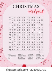 Christmas word search puzzle. Fun colorful printable activity winter game. Cute holiday party game.  DIY template. Find 16 words.  Educational crossword for learning English. Suitable for social media