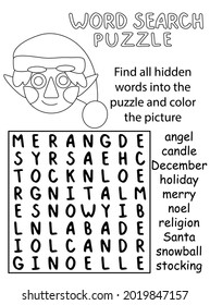 Christmas word search puzzle - help the elf to find all hidden words and color the elf. Educational game for kids in English black and white version