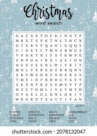 Christmas word search puzzle. Holiday party game card. Family activity. Printable worksheet. Educational logic game. Festive crossword for learning English words about winter holidays. 