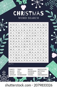 Christmas word search puzzle.  Holiday crossword  worksheet, find 16 hidden words. Party card. Fun printable winter time activities for adults and kids. Vector eps 10