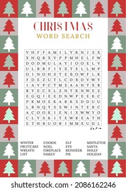 Christmas word search puzzle.  Holiday crossword  worksheet, find 16 hidden words. Logic game. Party card. Fun printable winter time activities for adults and children. Vector eps 10