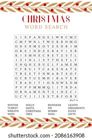 Christmas word search puzzle.  Holiday crossword  worksheet, find 16 hidden words. Logic game. Party card. Fun printable winter time activities for adults and children. Vector eps 10