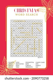 Christmas word search puzzle.  Holiday crossword  worksheet, find 16 hidden words. Logic game. Party card. Fun printable winter time activities for adults and children. 