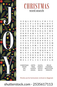  Christmas word search puzzle. Holiday crossword worksheet, find 16 hidden words. Party card. Fun printable winter time activities for adults and kids. Vector eps 10