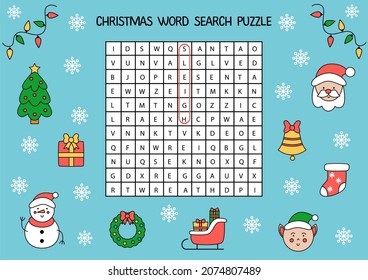 Christmas Word Search Puzzle For Kids. Funny Brain Teaser For Children.