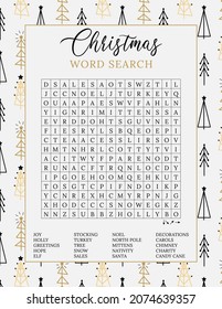 Christmas Word Search Puzzle On The Background With Simple Trees. Adult Party Card Game. Crossword About Winter Holidays. Printable Worksheet For Learning English. 