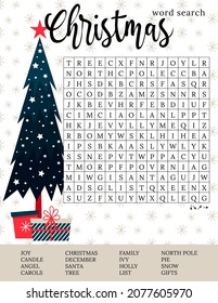 Christmas word search puzzle.  Winter holiday crossword game. Printable activity worksheet for learning English. Vector illustration of Christmas tree and gifts