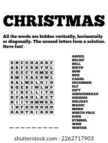 Christmas wordsearch game on white background. Crossword about winter holidays. Printable worksheet for learning English.
