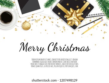 Christmas working place. Christmas gift box, coffee mug on brown wooden table.
