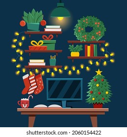 Lugar de trabajo navideño con decoraciones y luces