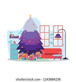 Christmas workplace interior vector flat style illustration.
