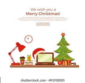 Christmas workplace interior vector flat style illustration. New Year office desk, laptop, Christmas tree, lamp, armchair, gifts, Santa Claus heat. Colorful concept for homework, freelance, party.