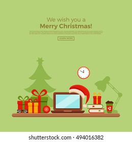 Christmas workplace interior vector flat style illustration. New Year office desk, laptop, Christmas tree, lamp, armchair, gifts, Santa Claus heat. Colorful concept for homework, freelance, party.