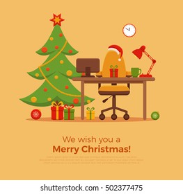 Christmas workplace interior vector flat style illustration. New Year office desk, laptop, Christmas tree, lamp, armchair, gifts, Santa Claus heat. Colorful concept for homework, freelance, party.