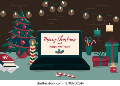 Christmas workplace. New Year workplace interior. Christmas office desk. Office and homework, freelancers workspace. Flat style vector illustration.