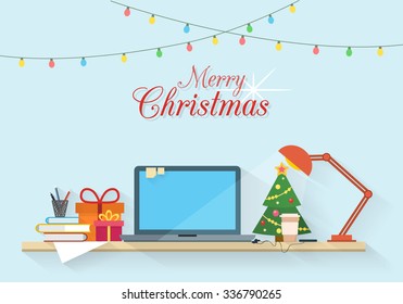 Christmas workplace. Table with computer, gifts, lamp, christmas tree, books and paper. Office and homework, freelancers workspace. Flat style vector illustration.