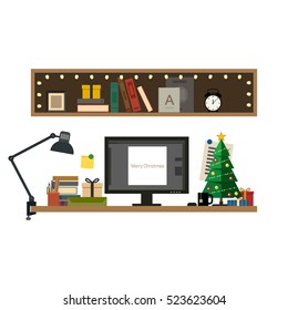 Christmas workplace. Table with computer, christmas tree, gifts, books and lamp on white background. Vector banner of office or homework workspace in flat style.