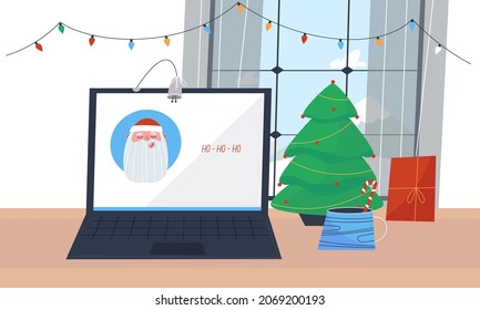 Christmas workplace for the winter holidays.  A laptop with Santa Claus on the screen. Holiday tree, snowman and cup of cocoa. Office and home work, freelancer's workplace.Flat vector illustration.
