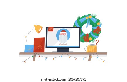 Christmas workplace for the winter holidays. Monitor with Santa Claus on the screen. Holiday wreath and cup of cocoa.  Office and home work, freelancer's workplace.Flat vector illustration.