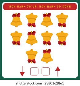 Christmas worksheet how many go up and how many go down. Counting game with cute Christmas objects. Winter activity page