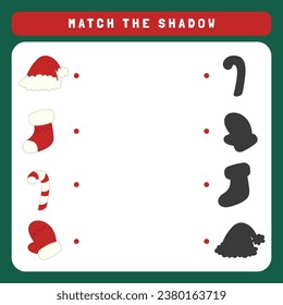 Christmas worksheet for kids find the correct shadow. Educational matching game for children. Kids learning game. Winter worksheet activity.