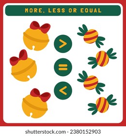 Christmas worksheet for kids more, less or equal. Compare the number of cute Christmas object. New year educational game for kids.