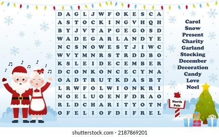 Christmas worksheet with word search game with santa claus and mrs claus singing carols, printable riddle for kids for winter holidays in cartoon style