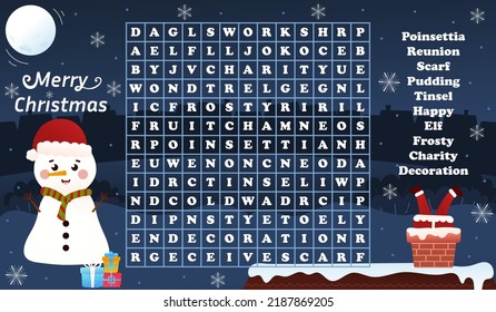 Christmas worksheet with word search game with santa claus in chimney and snowman, printable riddle for kids for winter holidays in cartoon style