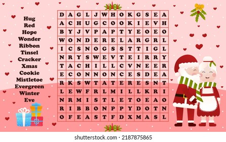 Christmas worksheet with word search game with santa claus and mrs claus kissing, printable riddle for kids for winter holidays in cartoon style