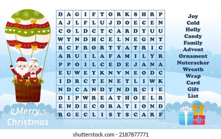 Christmas worksheet with word search game with santa claus and mrs claus flying hot air balloon, printable riddle for kids for winter holidays in cartoon style