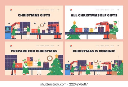 Christmas Workshop Landing Page Template Set. Santa Factory Workflow. Elf Team Making Gift On Machinery Line, Funny Xmas Characters Working on Conveyor with Robot Arms. Cartoon Vector Illustration