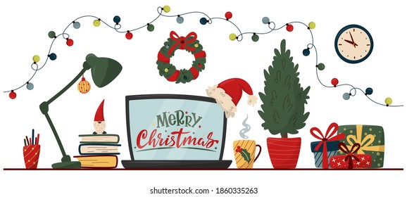 Christmas workspace interior. Office or freelancer table with computer, lamp, christmas tree, gifts, cup and books, Santa Claus hat. Colorful christmas concept for office, homework, freelance.