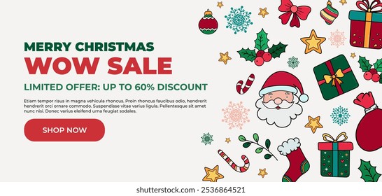 Christmas Wow Sale Banner on White background, with Santa Claus Head, Gift Boxes, Christmas Stockings and Festive Decorations 