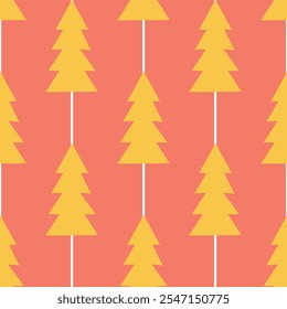 Christmas wrap. Seamless pattern of yellow Christmas trees on coral red background. Minimalistic scandinavian design, perfect for wrapping paper, holiday decor, textiles. Vector illustration.