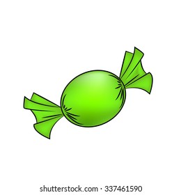 Christmas wrapped candy. Green packaged sweet, goody in a piece of paper. Vector illustration isolated on a white background.