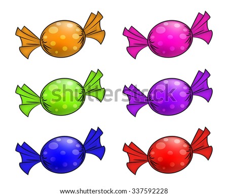 Christmas wrapped candy set. Colorful packaged sweet, goody in a piece of paper. Vector illustration isolated on a white background.