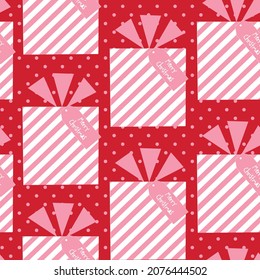 Christmas wrapped gift box seamless repeatable vector pattern background, red pink white, cute festive, wallpaper, fashion print, textile pattern, scrapbooking, invitation, christmas card, decoration