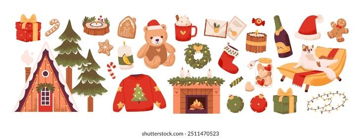 Сozy Christmas with  wrapped gifts, and festive treats. Gingerbread cookies, a warm fireplace, and holiday decor. Set elements focused on tradition and seasonal cheer. Flat vector illustration.