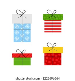 Christmas wrapped gifts vector illustration. Cute festive, seasonal xmas boxes, set of present icons, isolated.